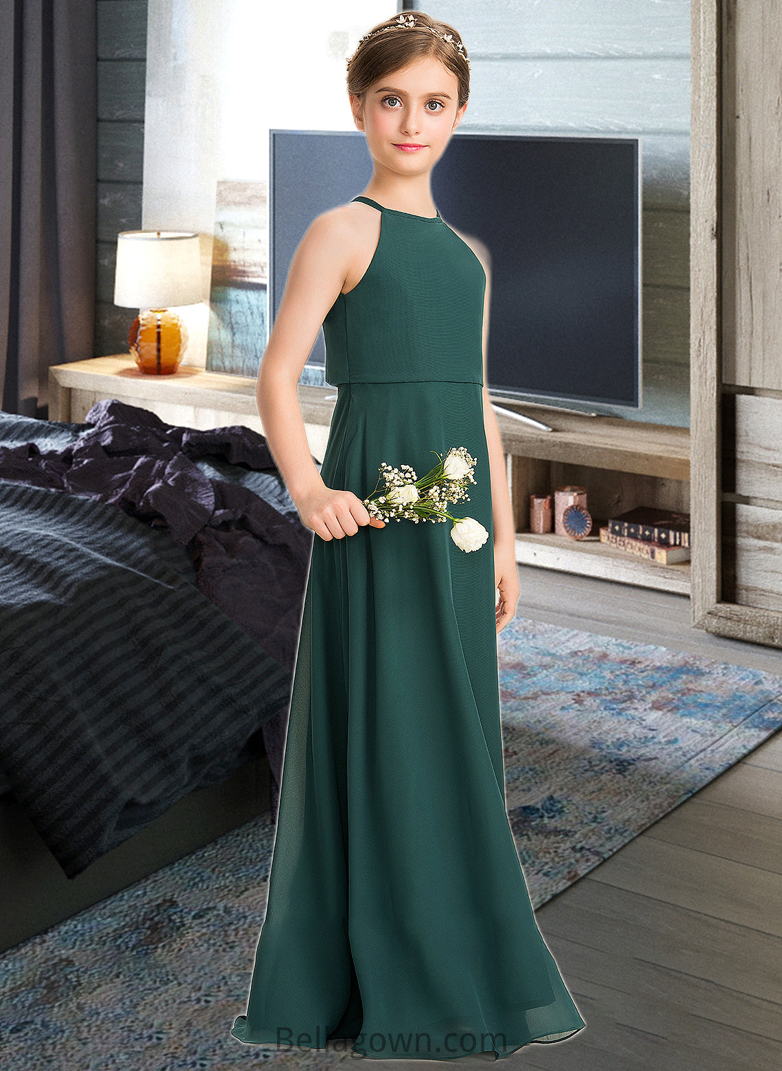 Jaylee A-Line Scoop Neck Floor-Length Chiffon Junior Bridesmaid Dress DNP0013442