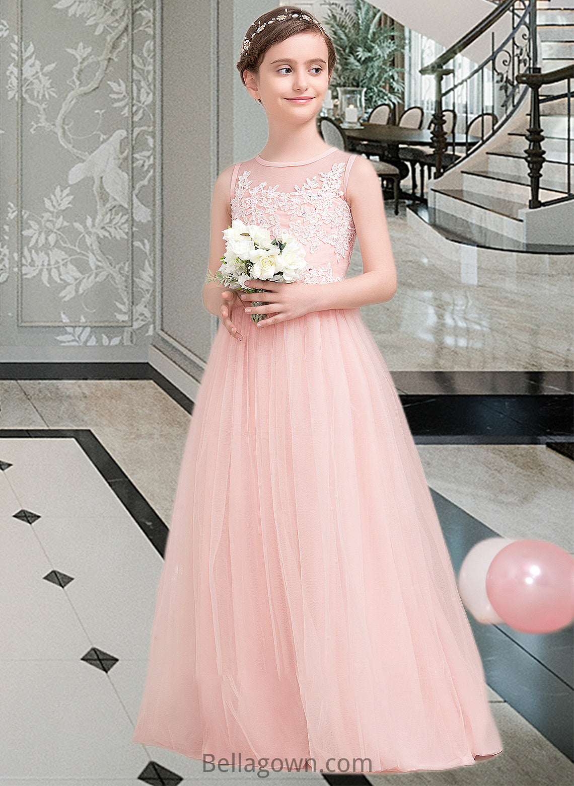 Giselle A-Line Scoop Neck Floor-Length Tulle Junior Bridesmaid Dress With Beading Sequins DNP0013444