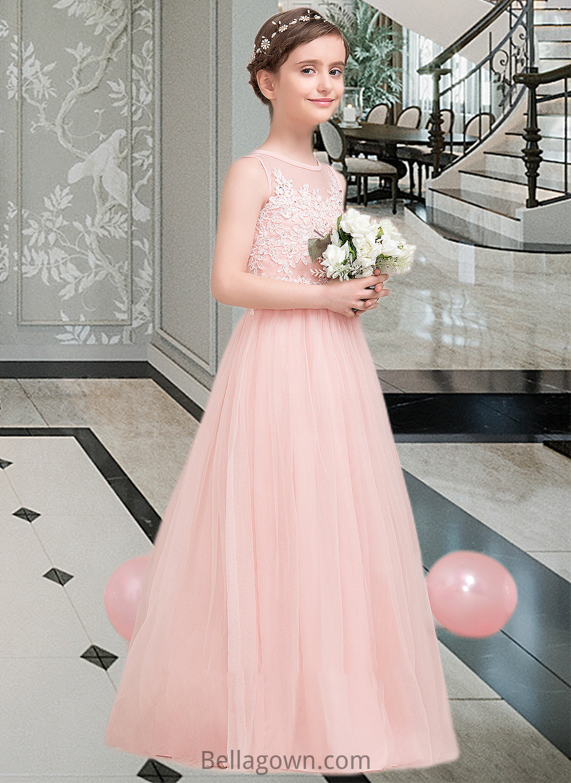 Giselle A-Line Scoop Neck Floor-Length Tulle Junior Bridesmaid Dress With Beading Sequins DNP0013444