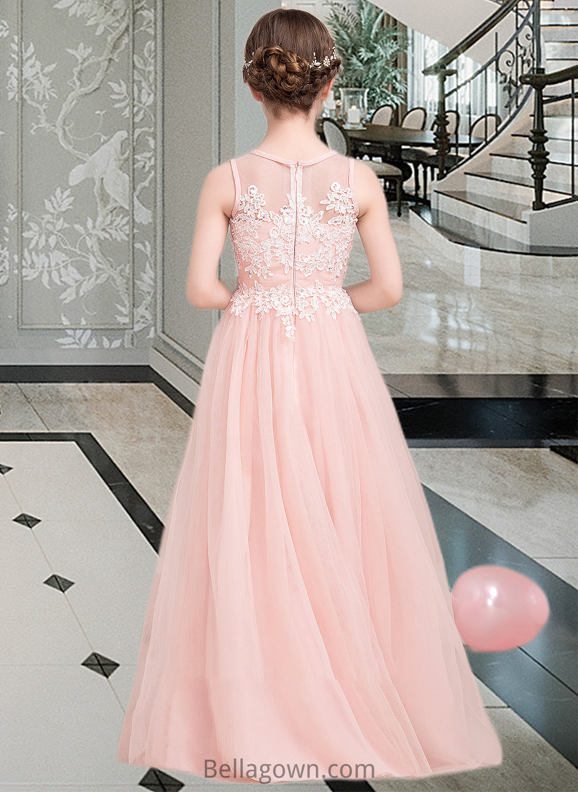 Giselle A-Line Scoop Neck Floor-Length Tulle Junior Bridesmaid Dress With Beading Sequins DNP0013444