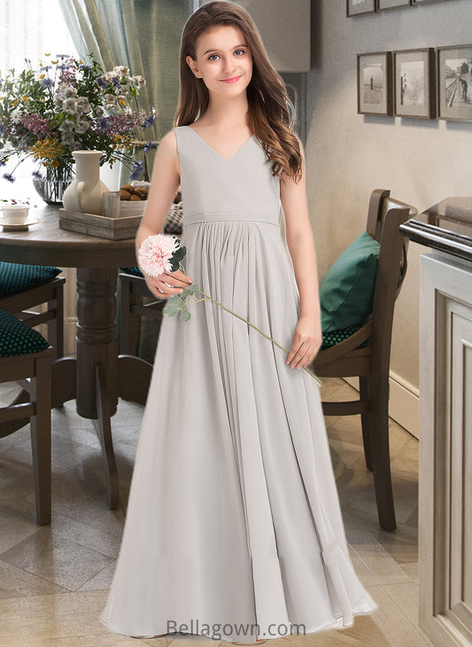 Joanne A-Line V-neck Floor-Length Chiffon Junior Bridesmaid Dress With Pockets DNP0013446