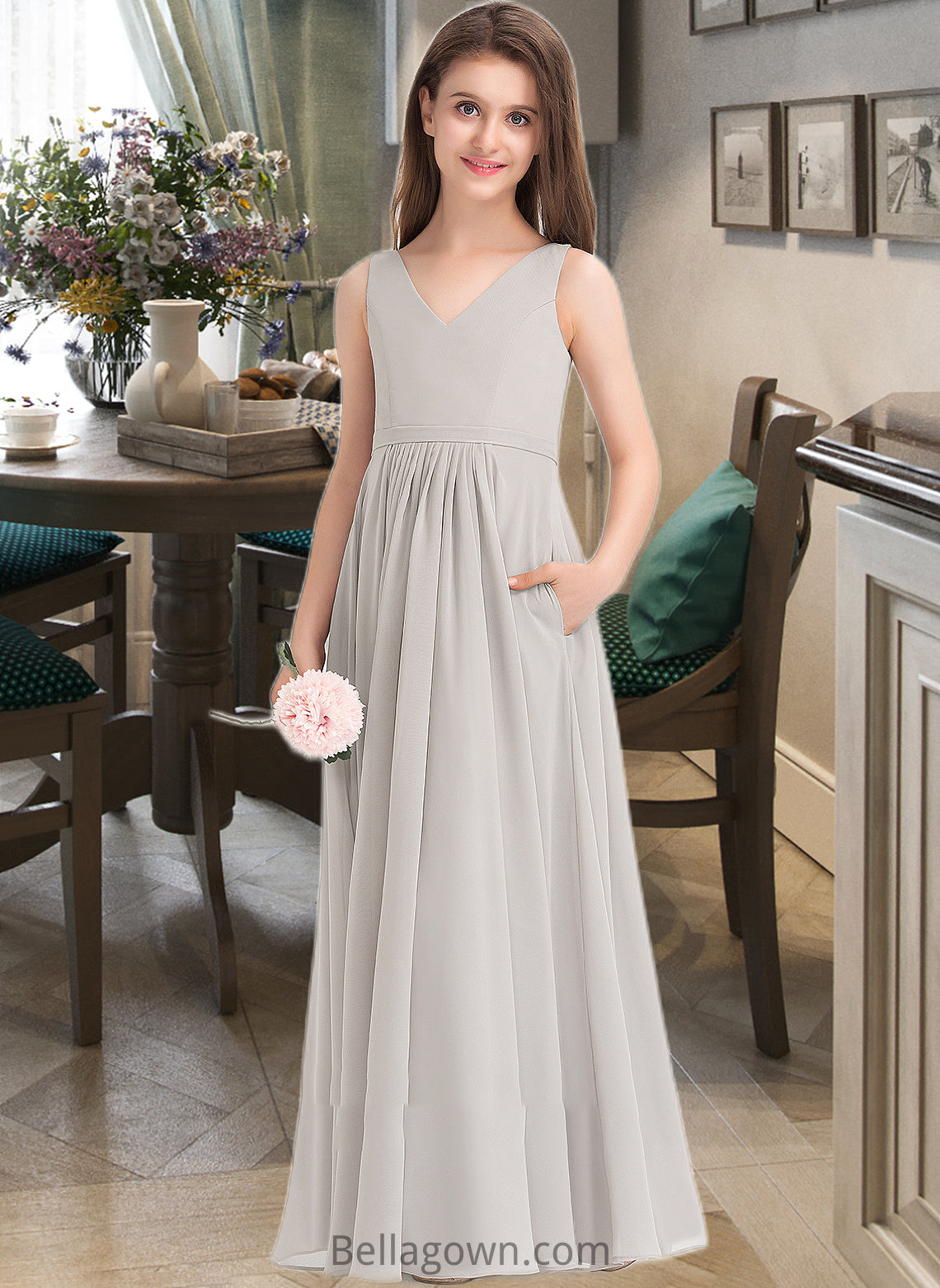 Joanne A-Line V-neck Floor-Length Chiffon Junior Bridesmaid Dress With Pockets DNP0013446