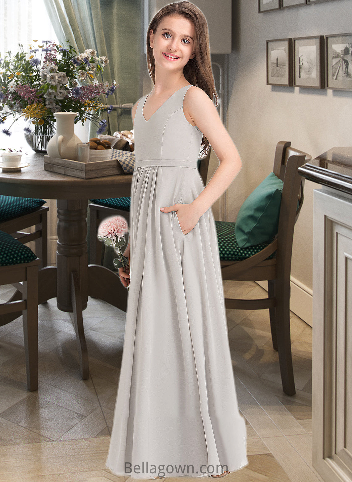 Joanne A-Line V-neck Floor-Length Chiffon Junior Bridesmaid Dress With Pockets DNP0013446