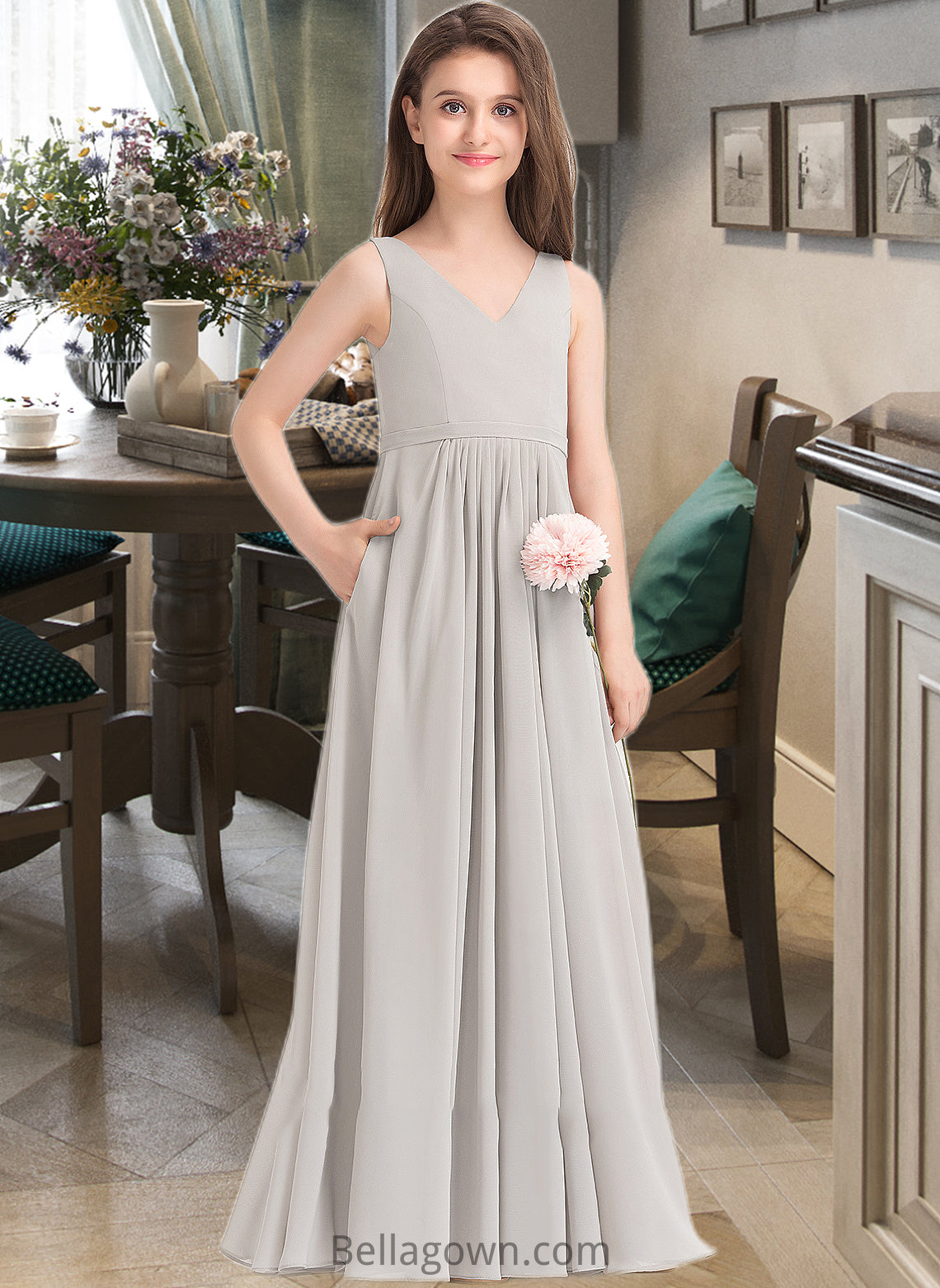 Joanne A-Line V-neck Floor-Length Chiffon Junior Bridesmaid Dress With Pockets DNP0013446