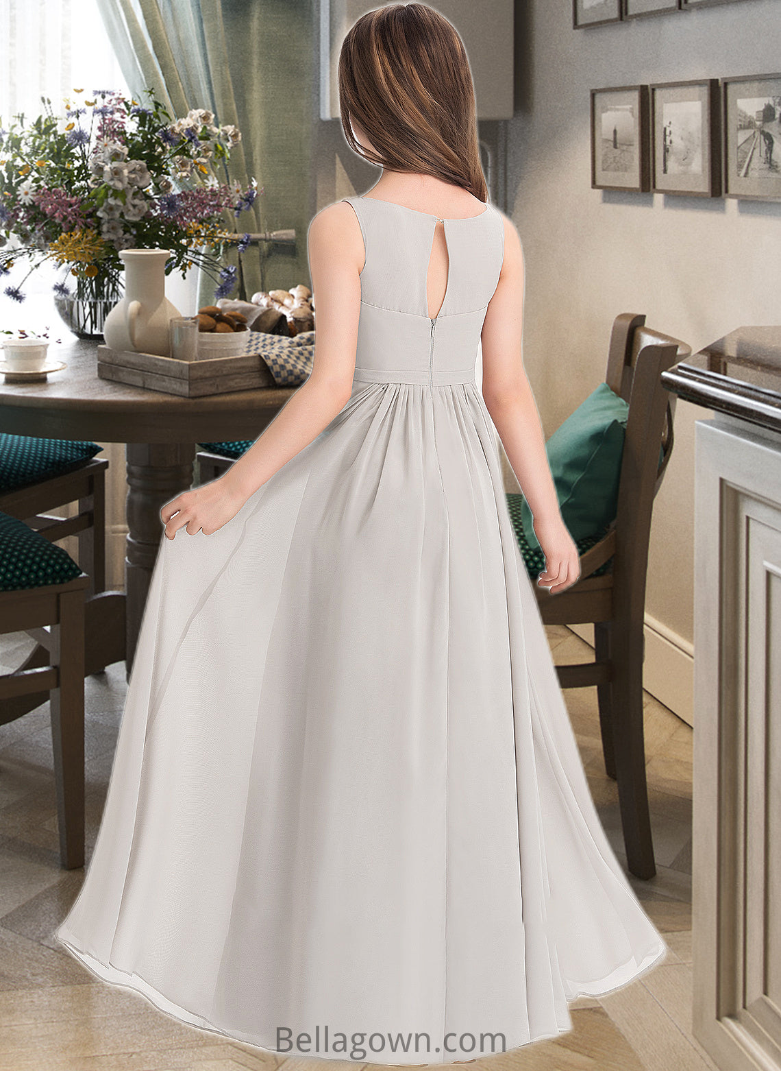 Joanne A-Line V-neck Floor-Length Chiffon Junior Bridesmaid Dress With Pockets DNP0013446