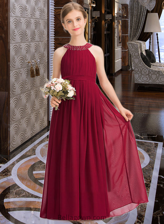 Harriet A-Line Scoop Neck Floor-Length Chiffon Junior Bridesmaid Dress With Ruffle Beading Bow(s) DNP0013447