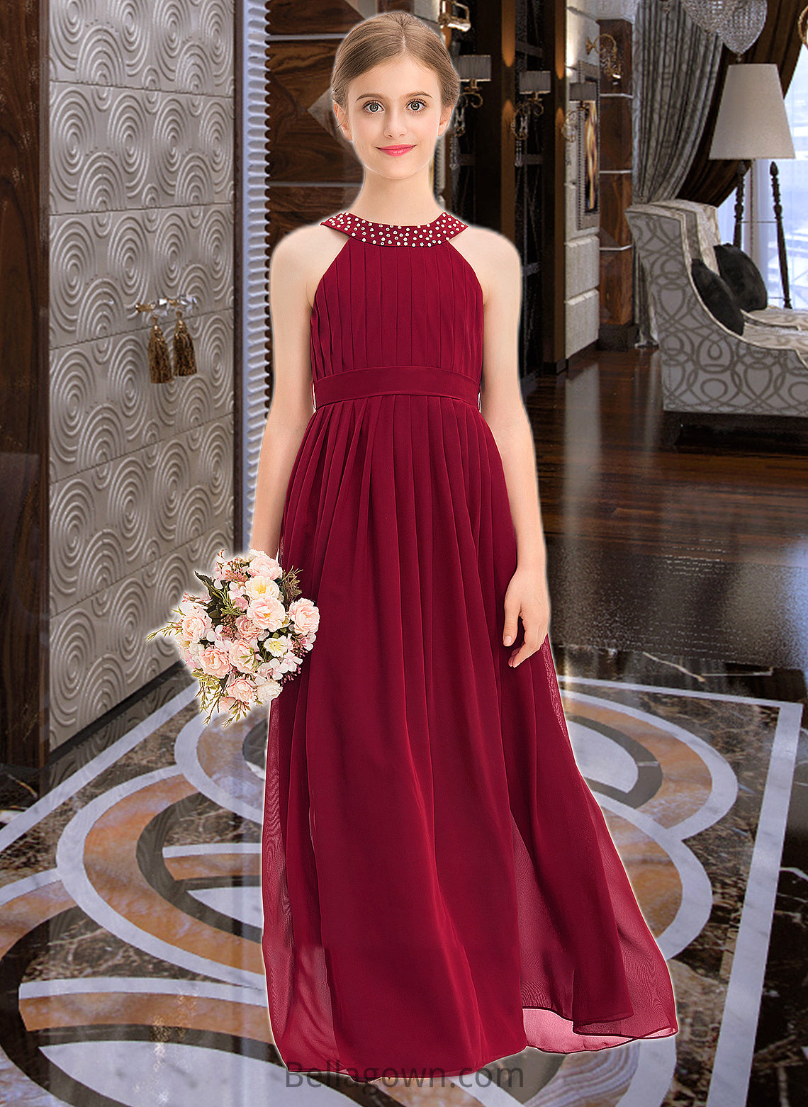 Harriet A-Line Scoop Neck Floor-Length Chiffon Junior Bridesmaid Dress With Ruffle Beading Bow(s) DNP0013447