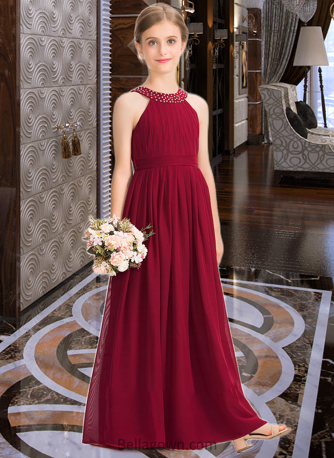 Harriet A-Line Scoop Neck Floor-Length Chiffon Junior Bridesmaid Dress With Ruffle Beading Bow(s) DNP0013447