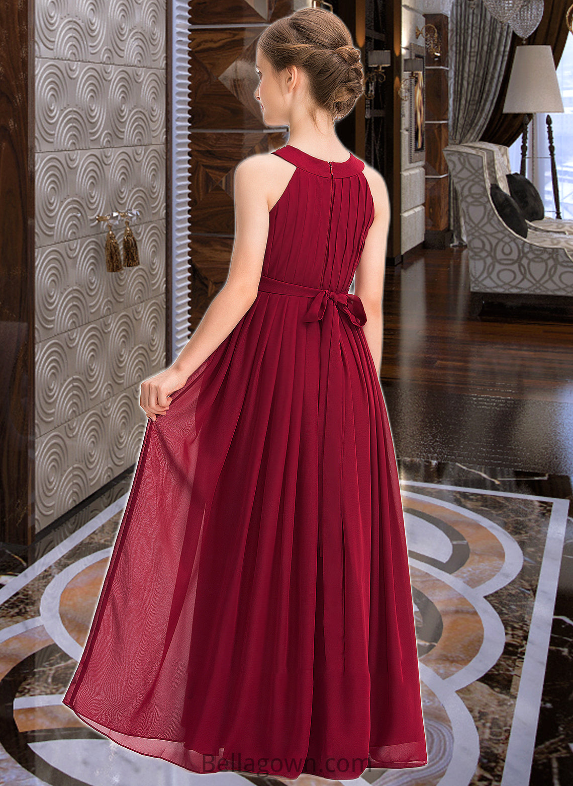 Harriet A-Line Scoop Neck Floor-Length Chiffon Junior Bridesmaid Dress With Ruffle Beading Bow(s) DNP0013447