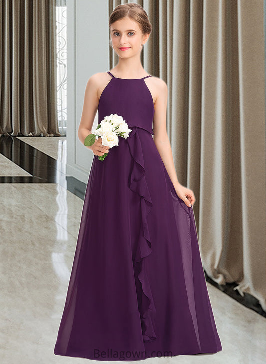 Danielle A-Line Scoop Neck Floor-Length Chiffon Junior Bridesmaid Dress With Bow(s) Cascading Ruffles DNP0013448