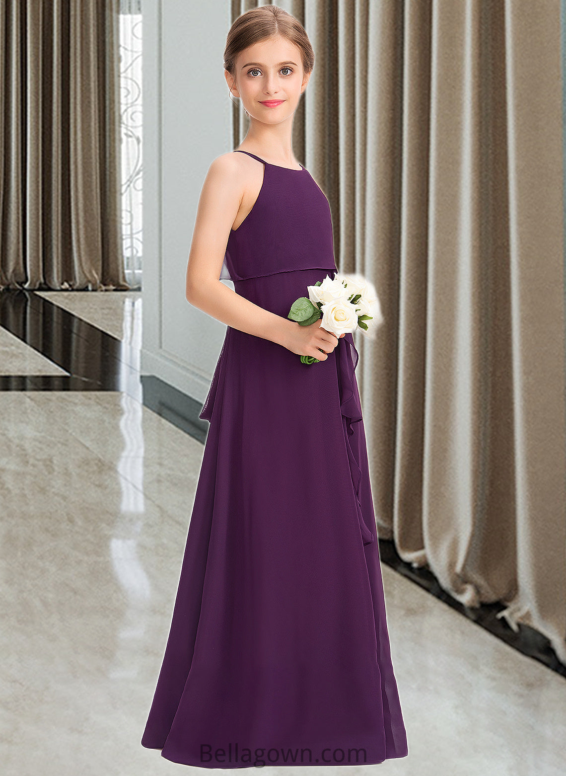 Danielle A-Line Scoop Neck Floor-Length Chiffon Junior Bridesmaid Dress With Bow(s) Cascading Ruffles DNP0013448