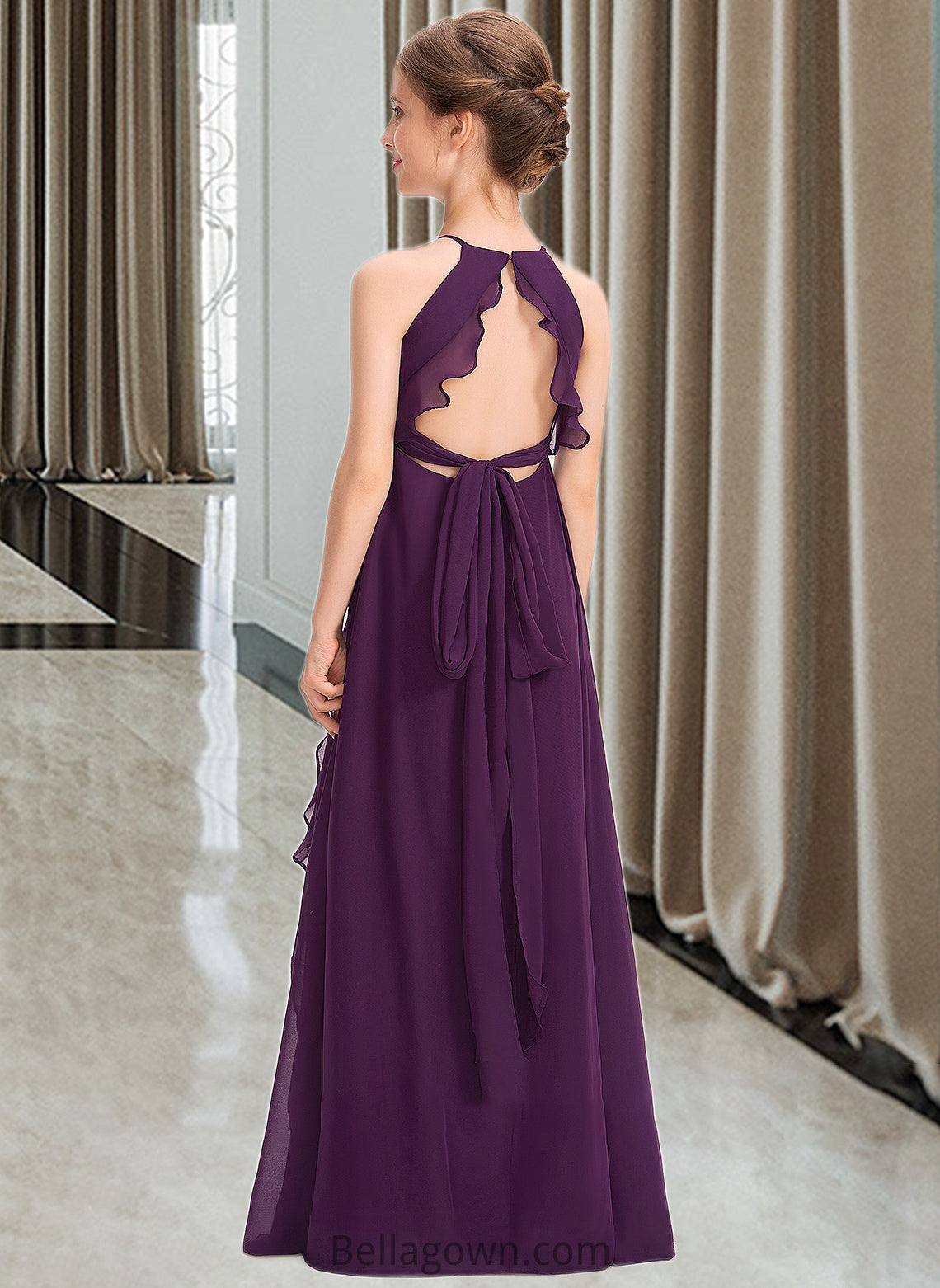 Danielle A-Line Scoop Neck Floor-Length Chiffon Junior Bridesmaid Dress With Bow(s) Cascading Ruffles DNP0013448