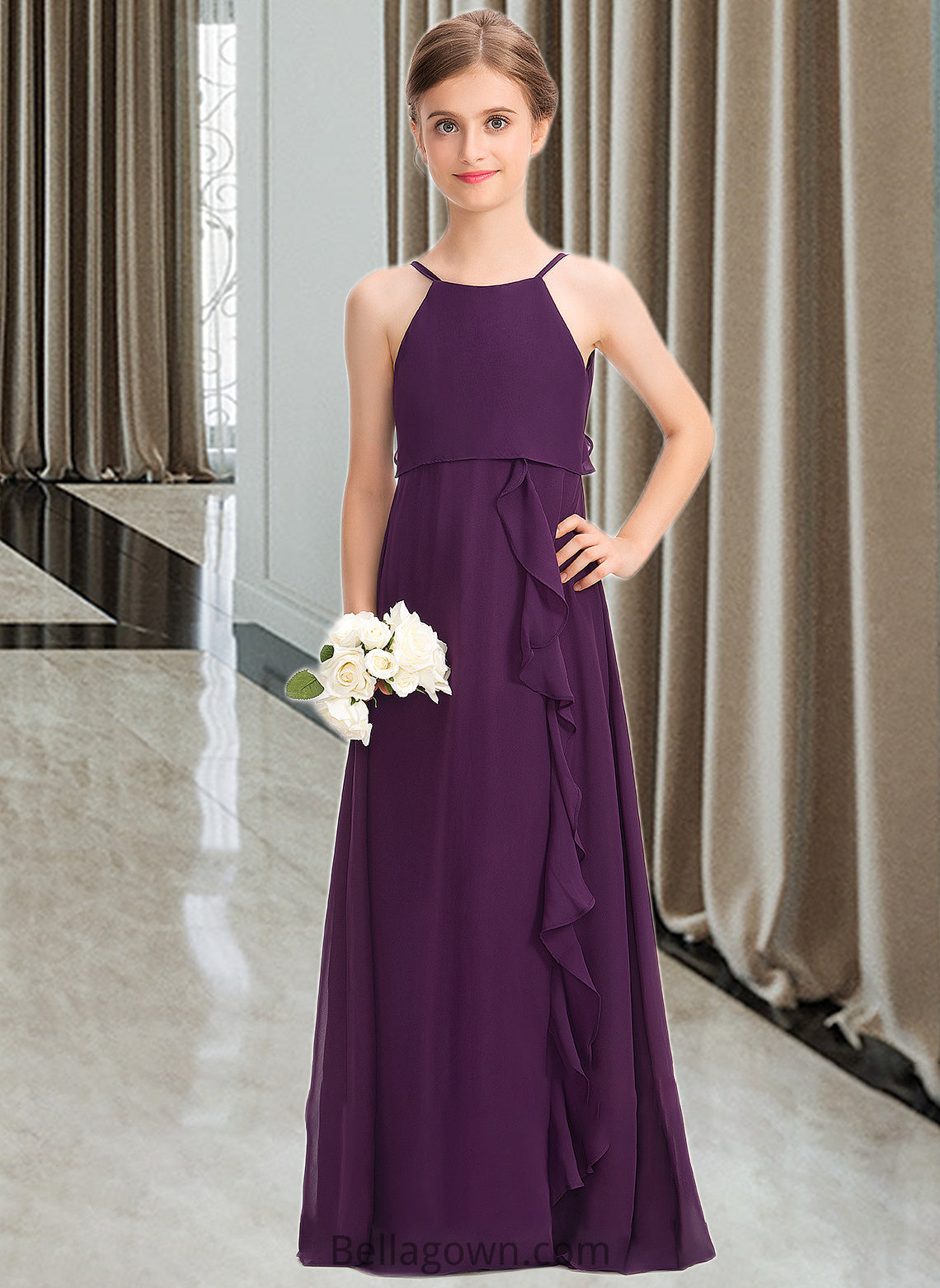 Danielle A-Line Scoop Neck Floor-Length Chiffon Junior Bridesmaid Dress With Bow(s) Cascading Ruffles DNP0013448