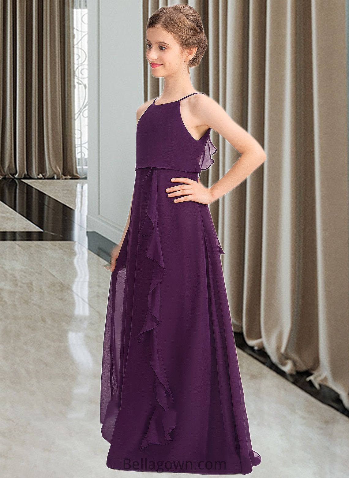 Danielle A-Line Scoop Neck Floor-Length Chiffon Junior Bridesmaid Dress With Bow(s) Cascading Ruffles DNP0013448