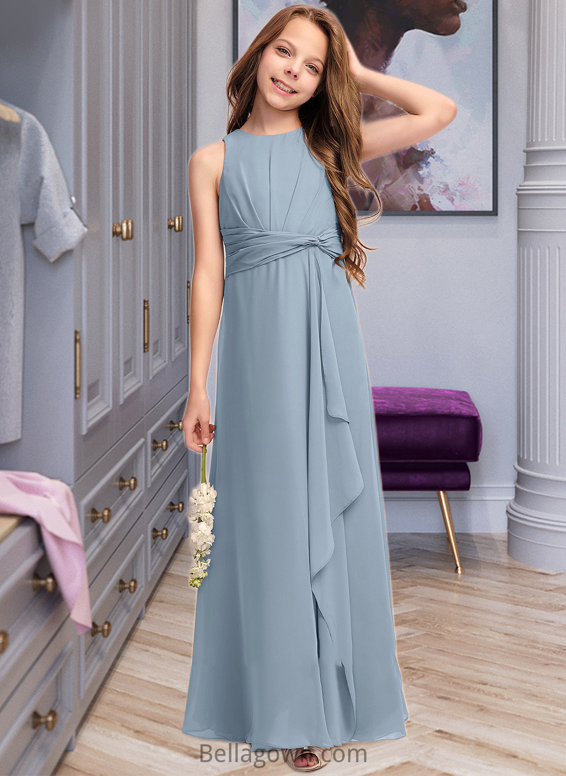 Patience A-Line Scoop Neck Floor-Length Chiffon Junior Bridesmaid Dress With Cascading Ruffles DNP0013450