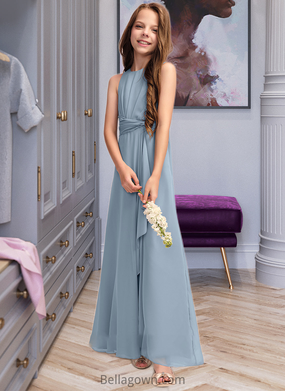 Patience A-Line Scoop Neck Floor-Length Chiffon Junior Bridesmaid Dress With Cascading Ruffles DNP0013450