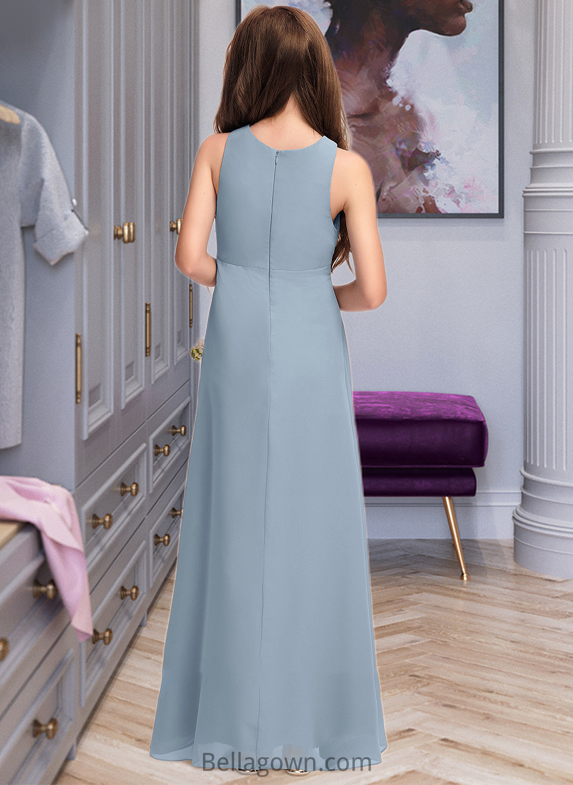 Patience A-Line Scoop Neck Floor-Length Chiffon Junior Bridesmaid Dress With Cascading Ruffles DNP0013450