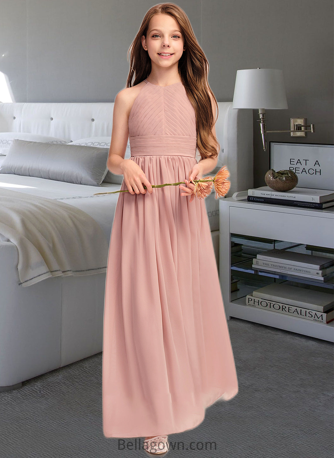 Evelin A-Line Scoop Neck Floor-Length Chiffon Junior Bridesmaid Dress With Ruffle DNP0013451