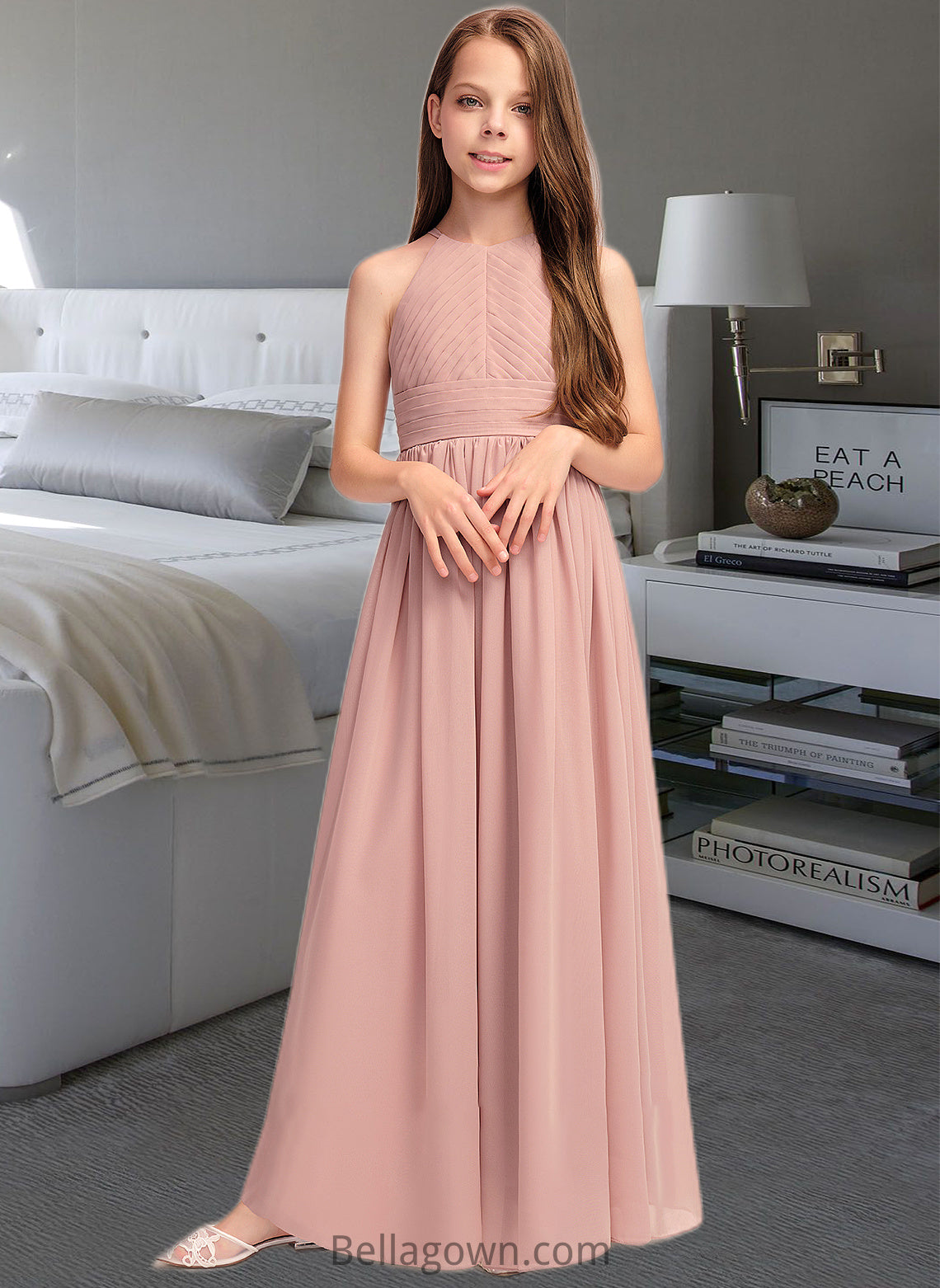 Evelin A-Line Scoop Neck Floor-Length Chiffon Junior Bridesmaid Dress With Ruffle DNP0013451