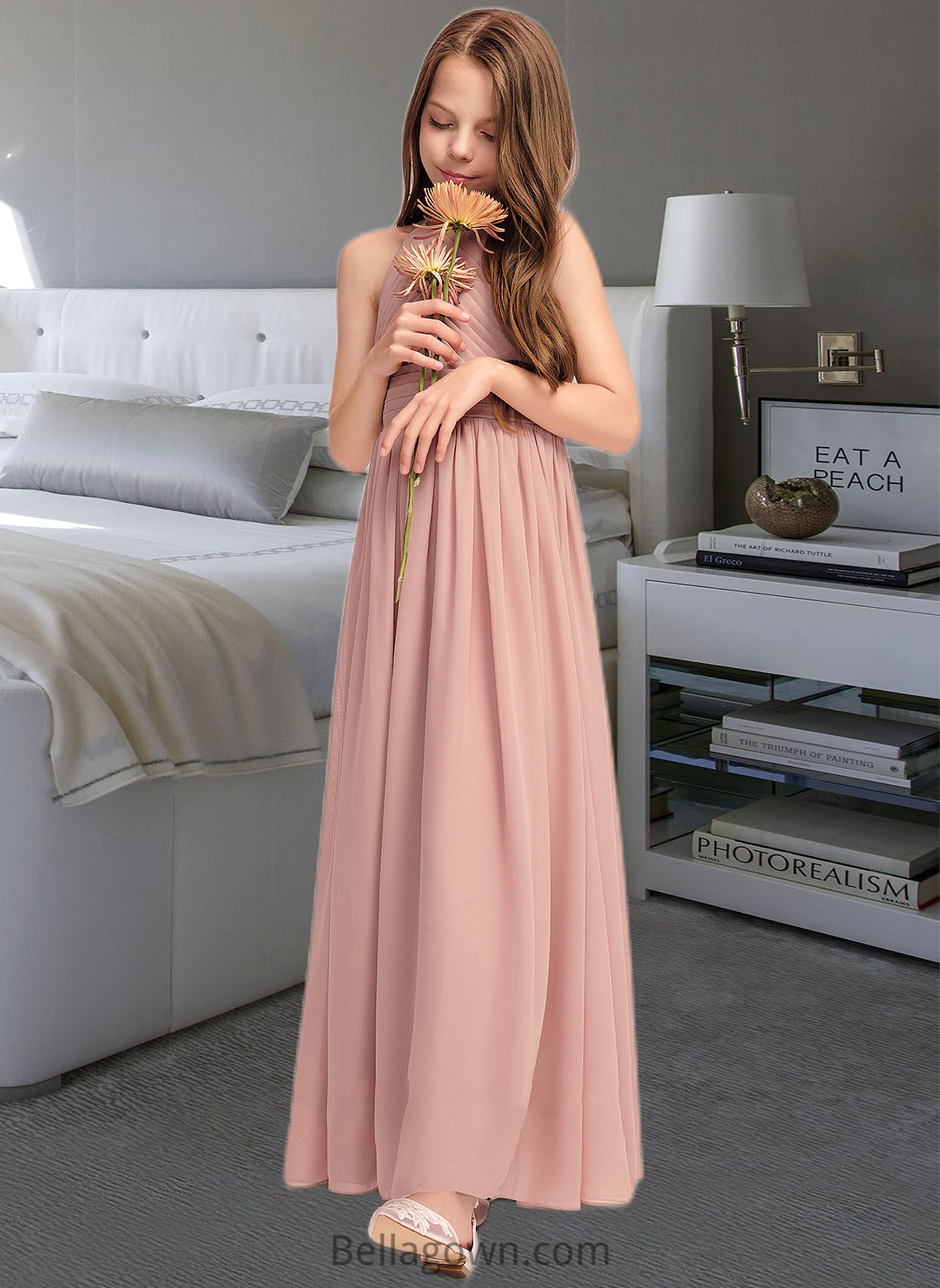 Evelin A-Line Scoop Neck Floor-Length Chiffon Junior Bridesmaid Dress With Ruffle DNP0013451