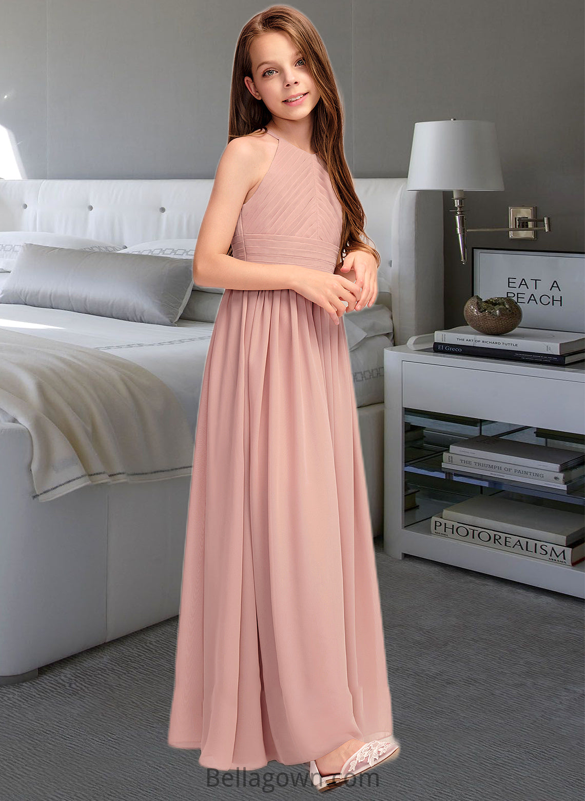 Evelin A-Line Scoop Neck Floor-Length Chiffon Junior Bridesmaid Dress With Ruffle DNP0013451