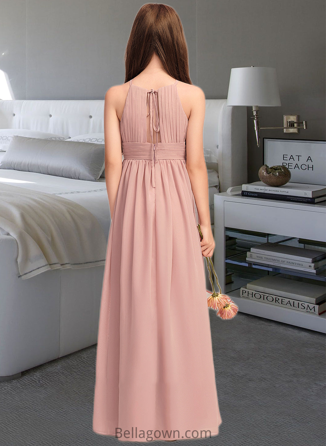 Evelin A-Line Scoop Neck Floor-Length Chiffon Junior Bridesmaid Dress With Ruffle DNP0013451