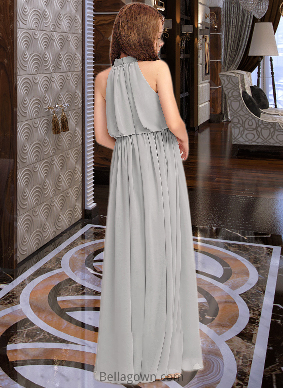 Payton A-Line High Neck Floor-Length Chiffon Junior Bridesmaid Dress With Ruffle DNP0013452