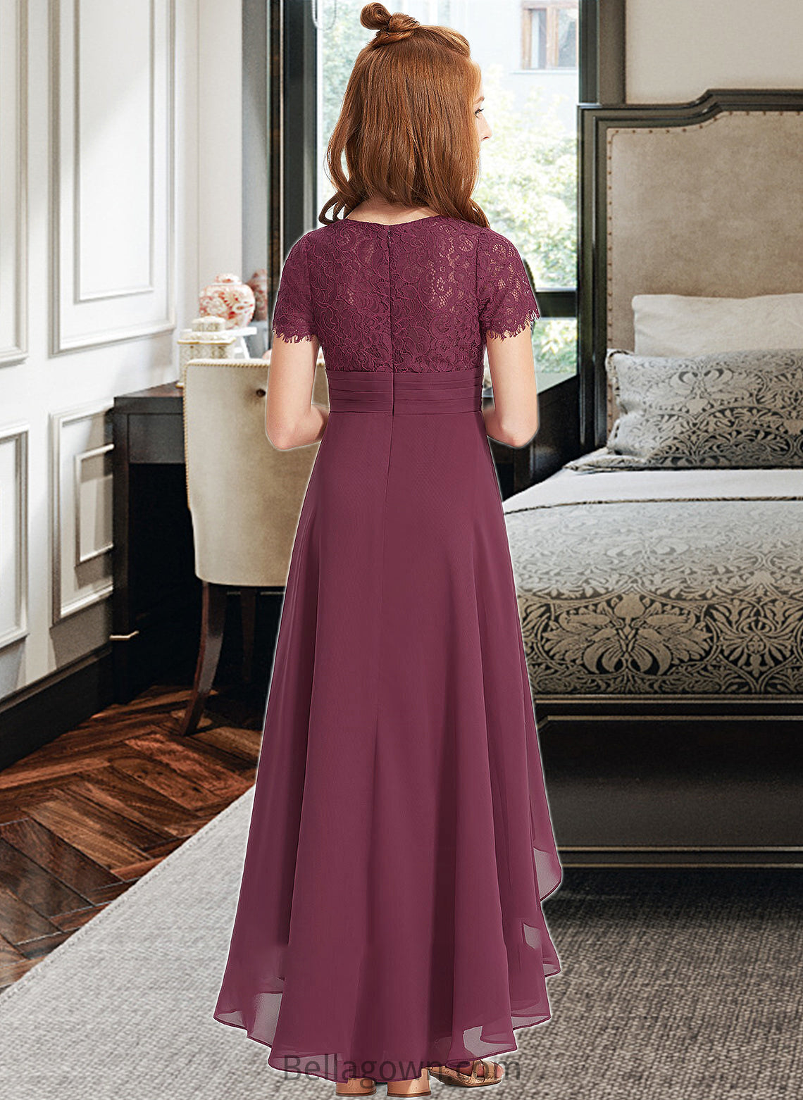 Cheyanne A-Line V-neck Asymmetrical Chiffon Lace Junior Bridesmaid Dress With Ruffle DNP0013453