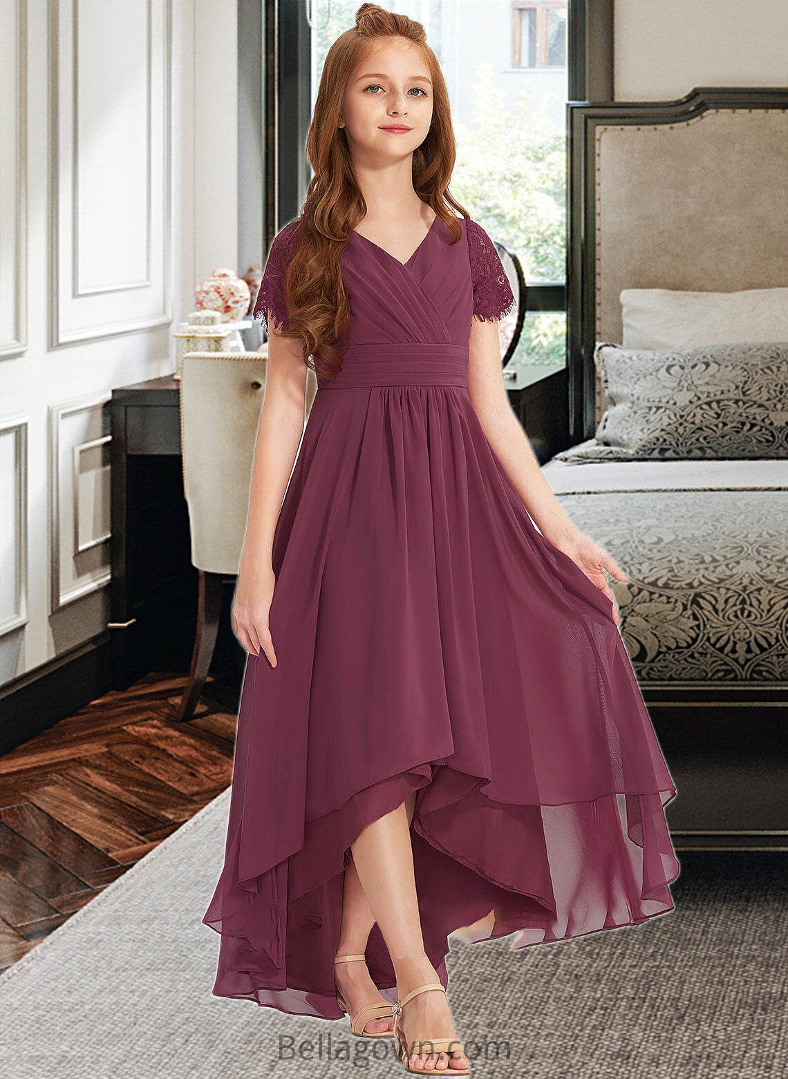 Cheyanne A-Line V-neck Asymmetrical Chiffon Lace Junior Bridesmaid Dress With Ruffle DNP0013453