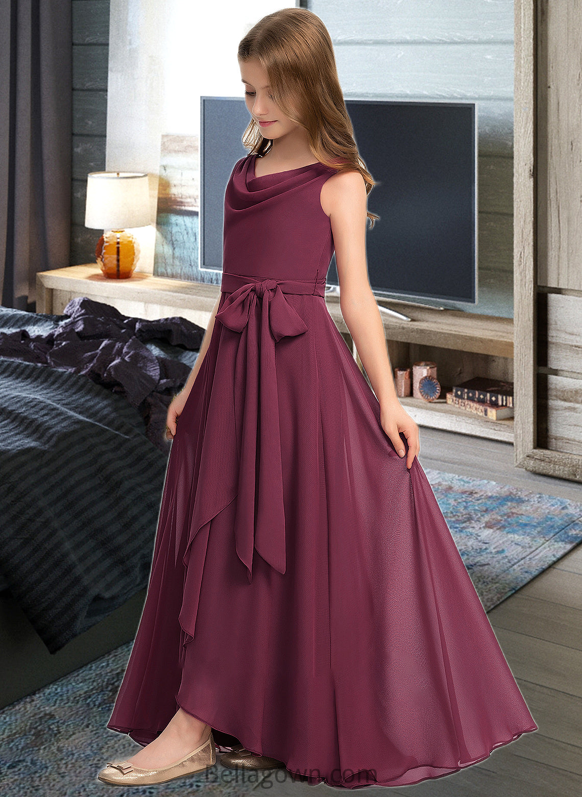 Lauren A-Line Cowl Neck Asymmetrical Chiffon Junior Bridesmaid Dress With Bow(s) DNP0013454