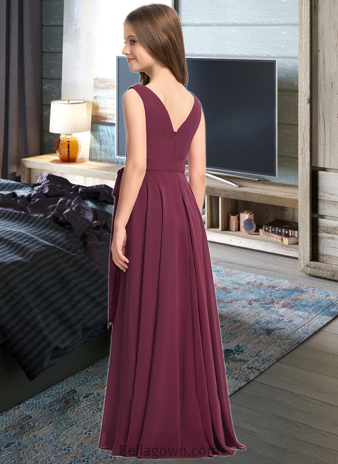 Lauren A-Line Cowl Neck Asymmetrical Chiffon Junior Bridesmaid Dress With Bow(s) DNP0013454