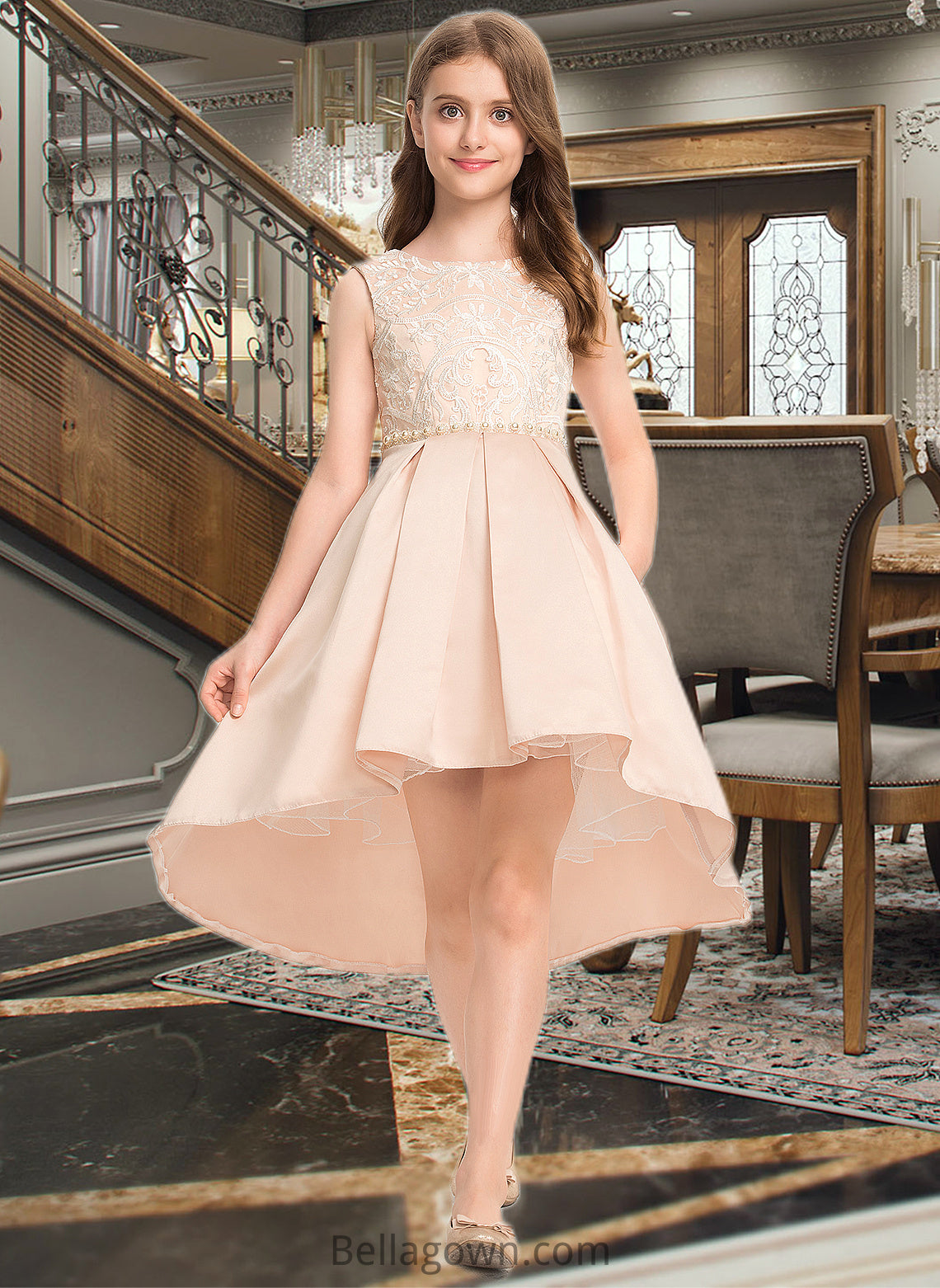 Madalynn A-Line Scoop Neck Asymmetrical Satin Lace Junior Bridesmaid Dress With Beading Pockets DNP0013455