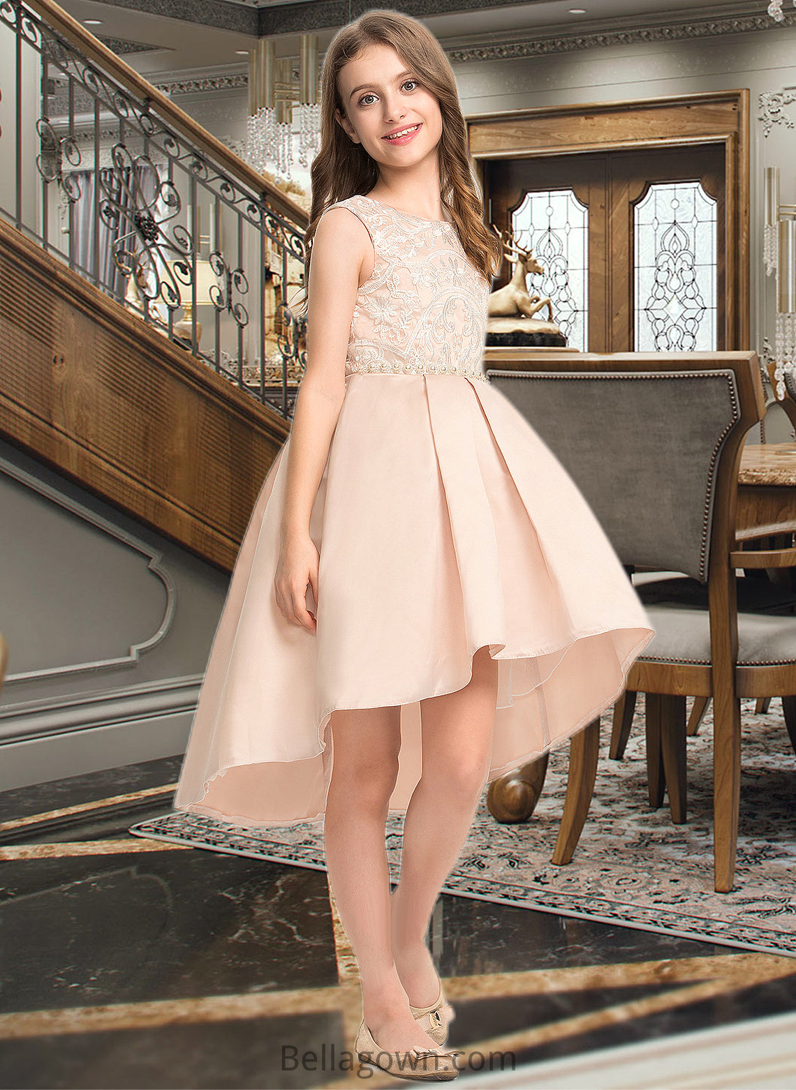 Madalynn A-Line Scoop Neck Asymmetrical Satin Lace Junior Bridesmaid Dress With Beading Pockets DNP0013455