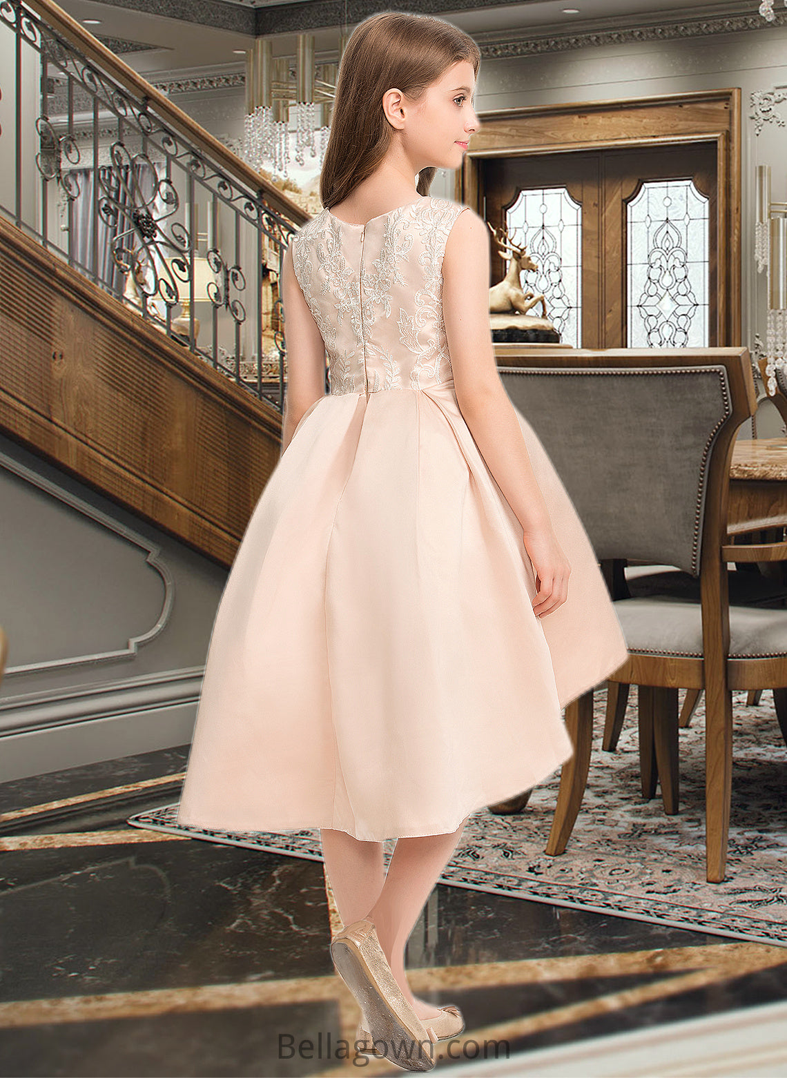 Madalynn A-Line Scoop Neck Asymmetrical Satin Lace Junior Bridesmaid Dress With Beading Pockets DNP0013455