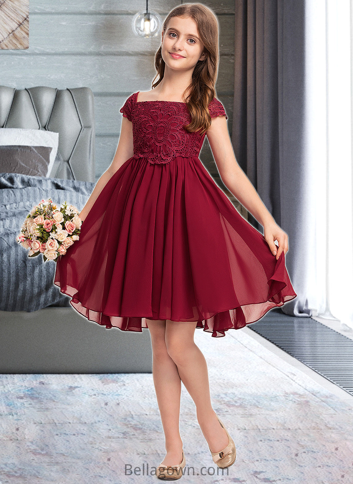 Natasha A-Line Off-the-Shoulder Knee-Length Chiffon Lace Junior Bridesmaid Dress With Bow(s) DNP0013456