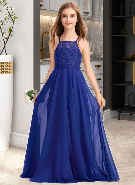 Marie A-Line Square Neckline Floor-Length Chiffon Lace Junior Bridesmaid Dress DNP0013457