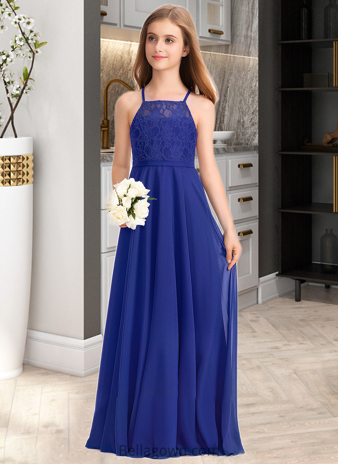 Marie A-Line Square Neckline Floor-Length Chiffon Lace Junior Bridesmaid Dress DNP0013457