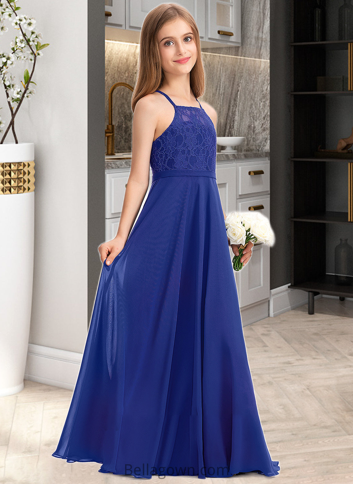 Marie A-Line Square Neckline Floor-Length Chiffon Lace Junior Bridesmaid Dress DNP0013457