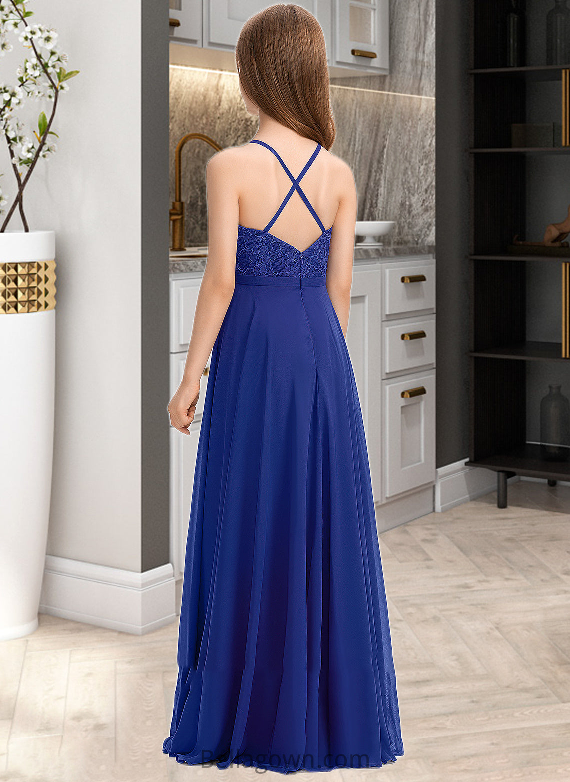 Marie A-Line Square Neckline Floor-Length Chiffon Lace Junior Bridesmaid Dress DNP0013457