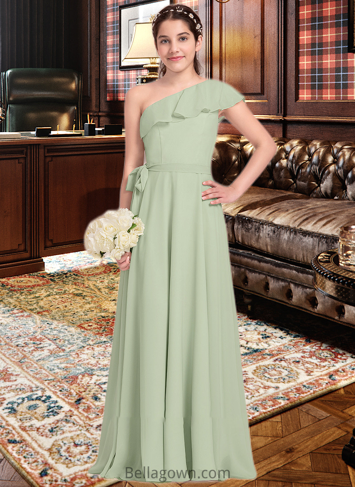 Lacey A-Line One-Shoulder Floor-Length Chiffon Junior Bridesmaid Dress With Cascading Ruffles DNP0013458