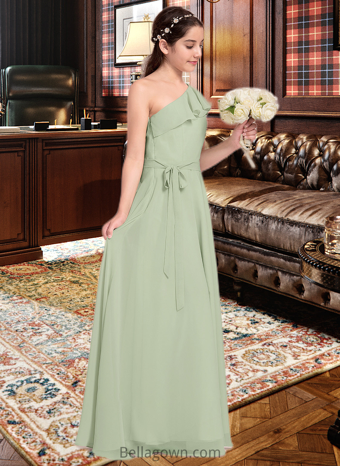 Lacey A-Line One-Shoulder Floor-Length Chiffon Junior Bridesmaid Dress With Cascading Ruffles DNP0013458