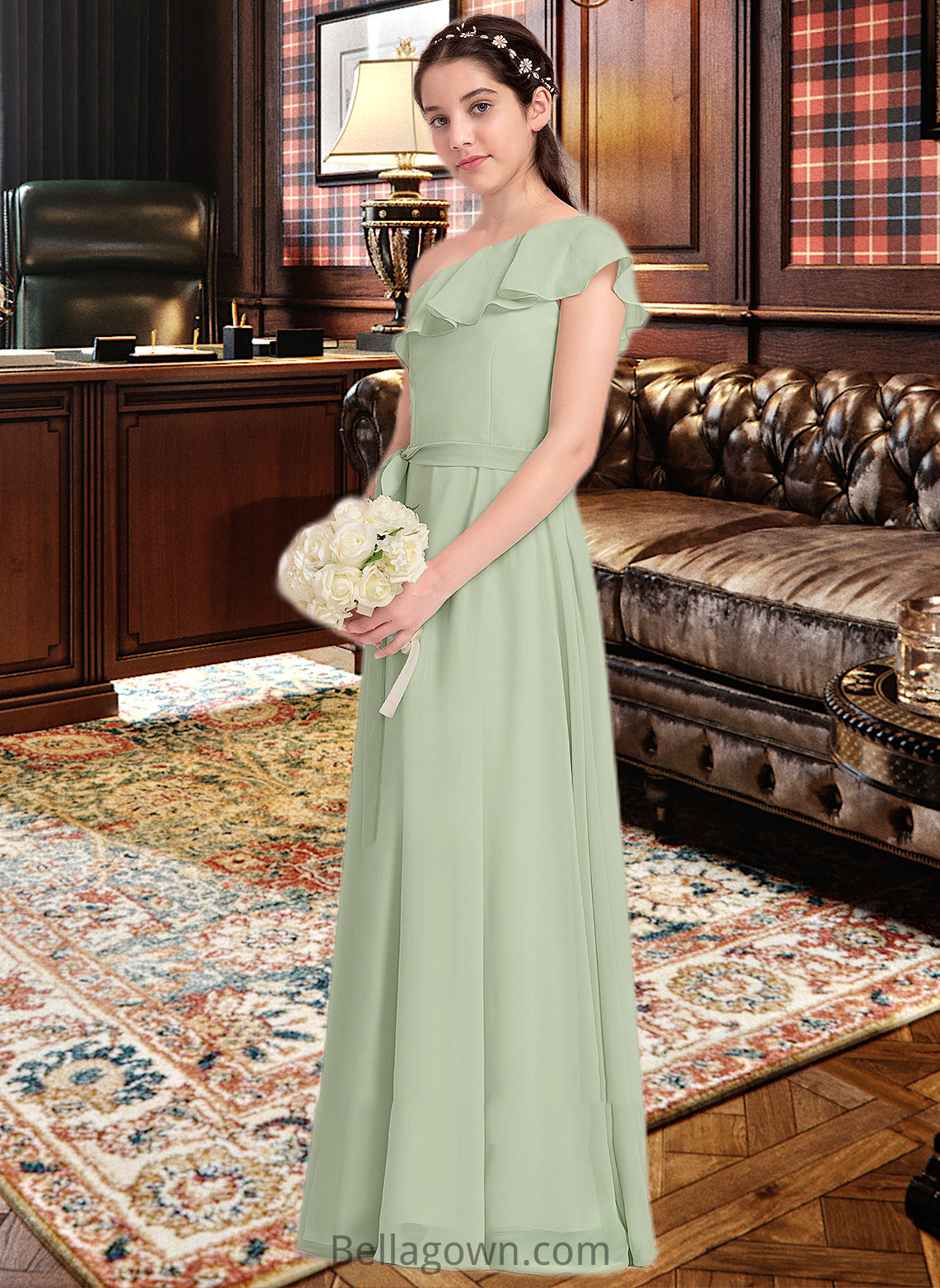 Lacey A-Line One-Shoulder Floor-Length Chiffon Junior Bridesmaid Dress With Cascading Ruffles DNP0013458