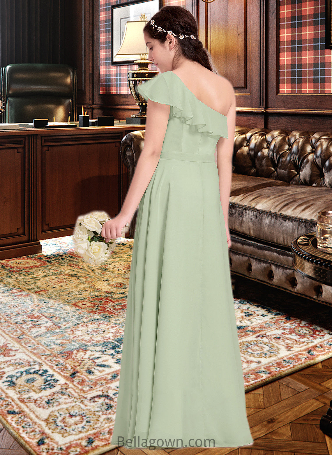 Lacey A-Line One-Shoulder Floor-Length Chiffon Junior Bridesmaid Dress With Cascading Ruffles DNP0013458