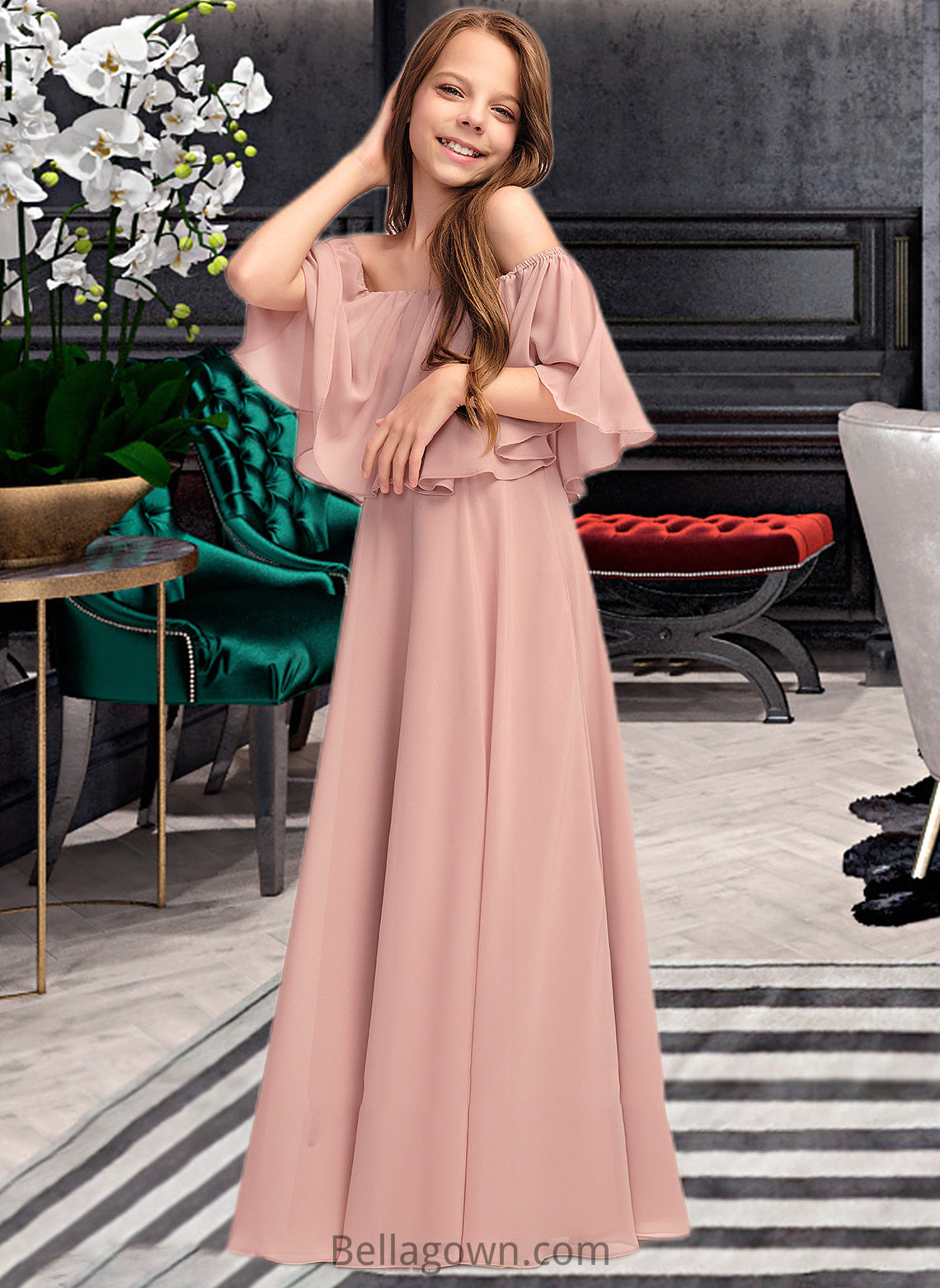 Glenda A-Line Off-the-Shoulder Floor-Length Chiffon Junior Bridesmaid Dress With Ruffle DNP0013459