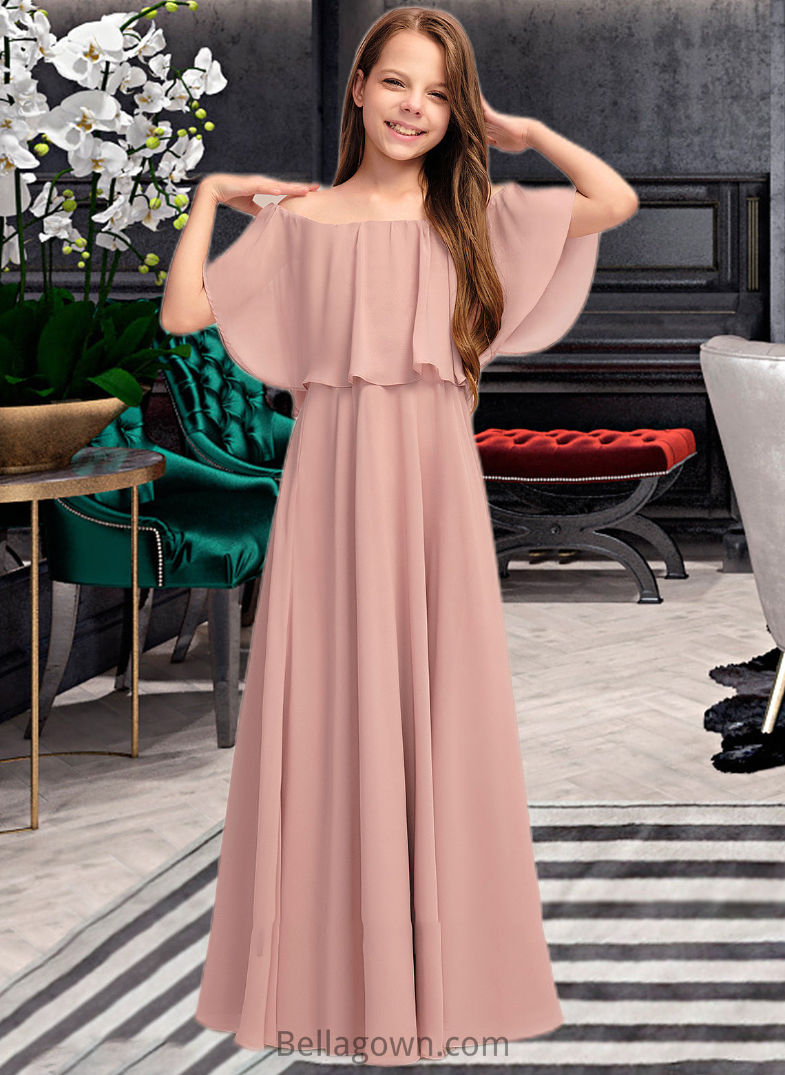 Glenda A-Line Off-the-Shoulder Floor-Length Chiffon Junior Bridesmaid Dress With Ruffle DNP0013459