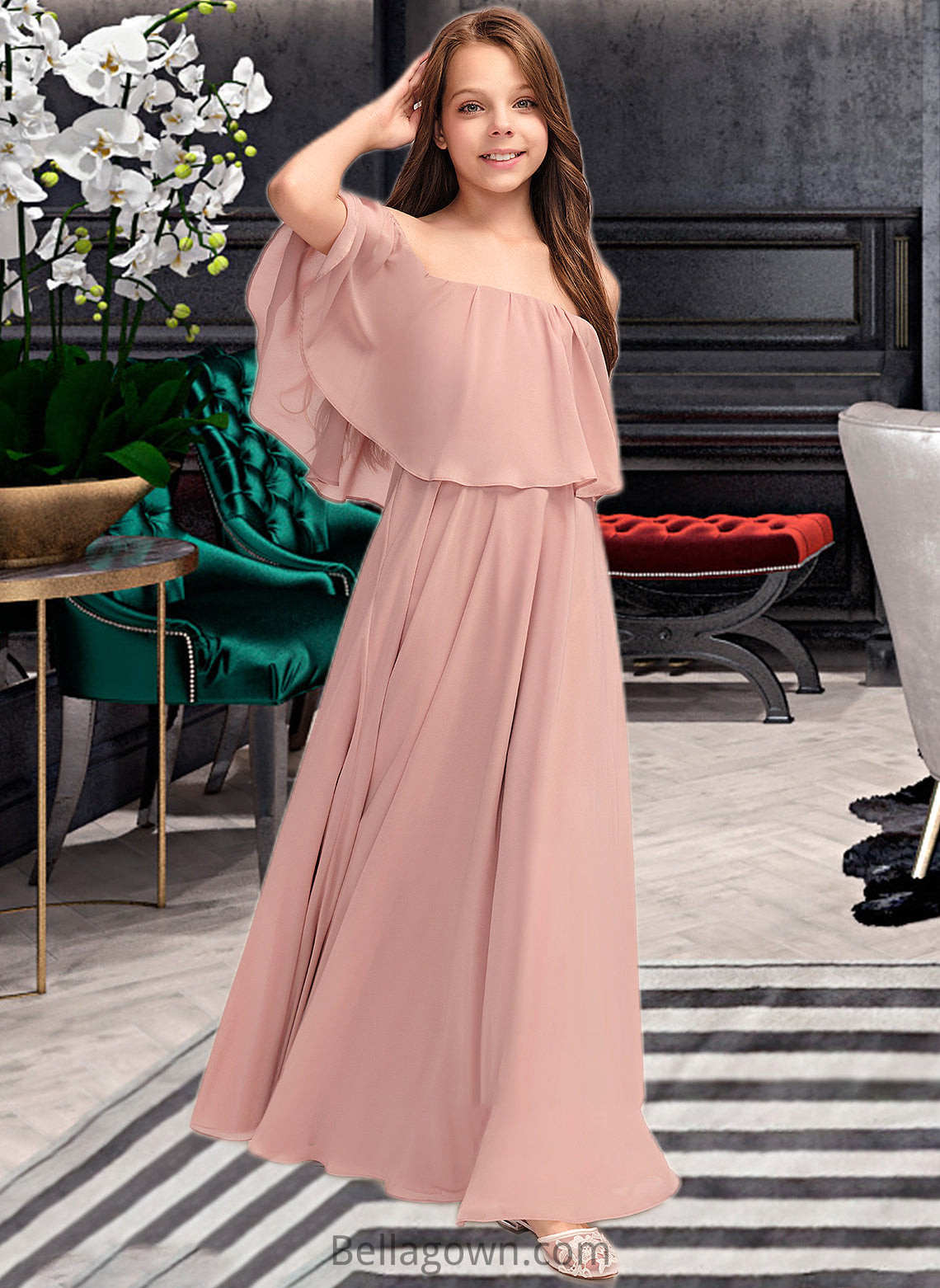 Glenda A-Line Off-the-Shoulder Floor-Length Chiffon Junior Bridesmaid Dress With Ruffle DNP0013459