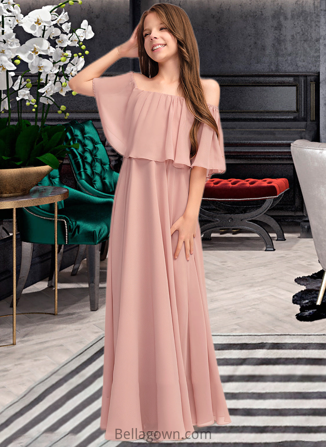 Glenda A-Line Off-the-Shoulder Floor-Length Chiffon Junior Bridesmaid Dress With Ruffle DNP0013459