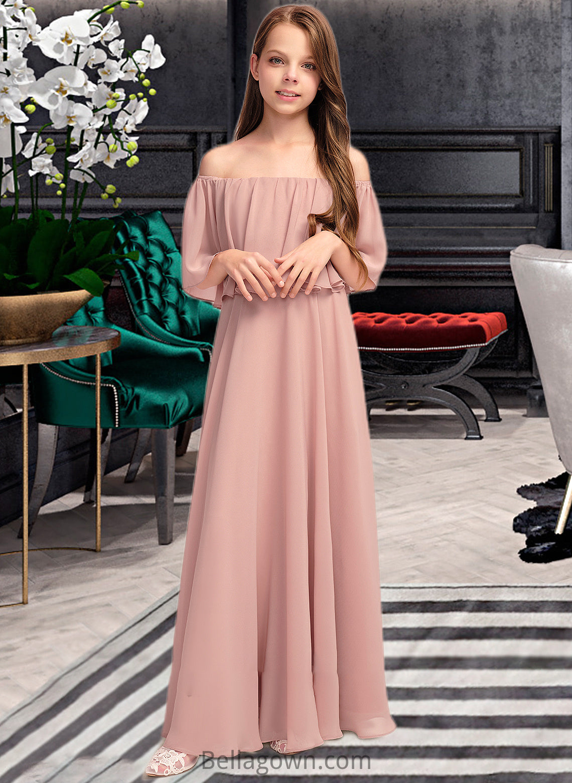 Glenda A-Line Off-the-Shoulder Floor-Length Chiffon Junior Bridesmaid Dress With Ruffle DNP0013459