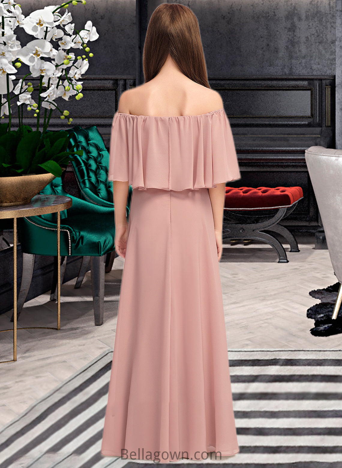 Glenda A-Line Off-the-Shoulder Floor-Length Chiffon Junior Bridesmaid Dress With Ruffle DNP0013459