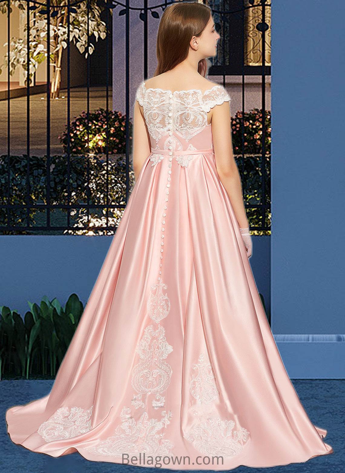 Kenna Ball-Gown/Princess Off-the-Shoulder Sweep Train Satin Lace Junior Bridesmaid Dress DNP0013460